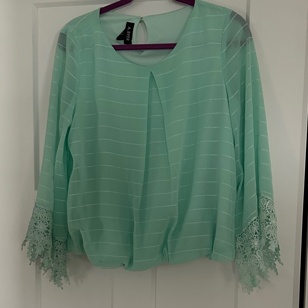 A. Byer Light Green Blouse with Lace Cuffs